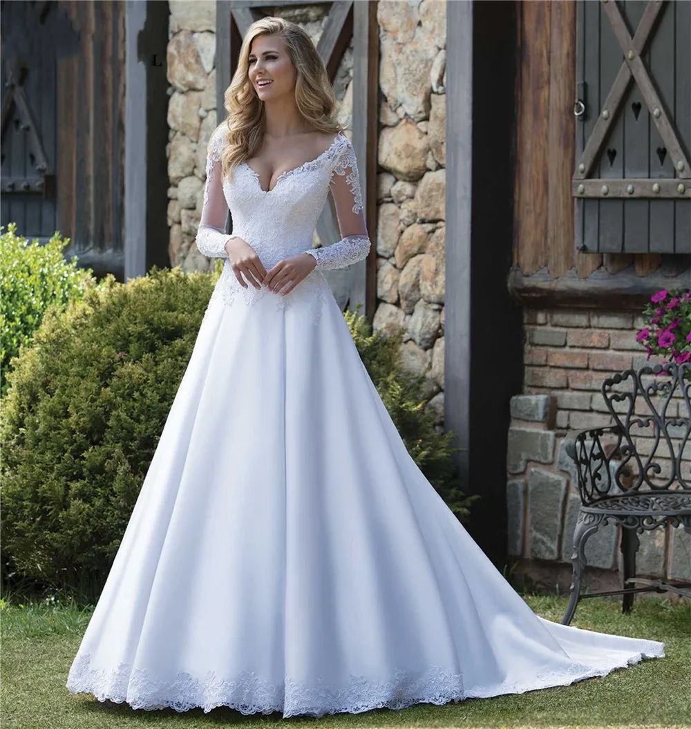 2019 Новое поступление Длинные Vestidos De Noiva A Line белые тюлевые аппликации свадебное