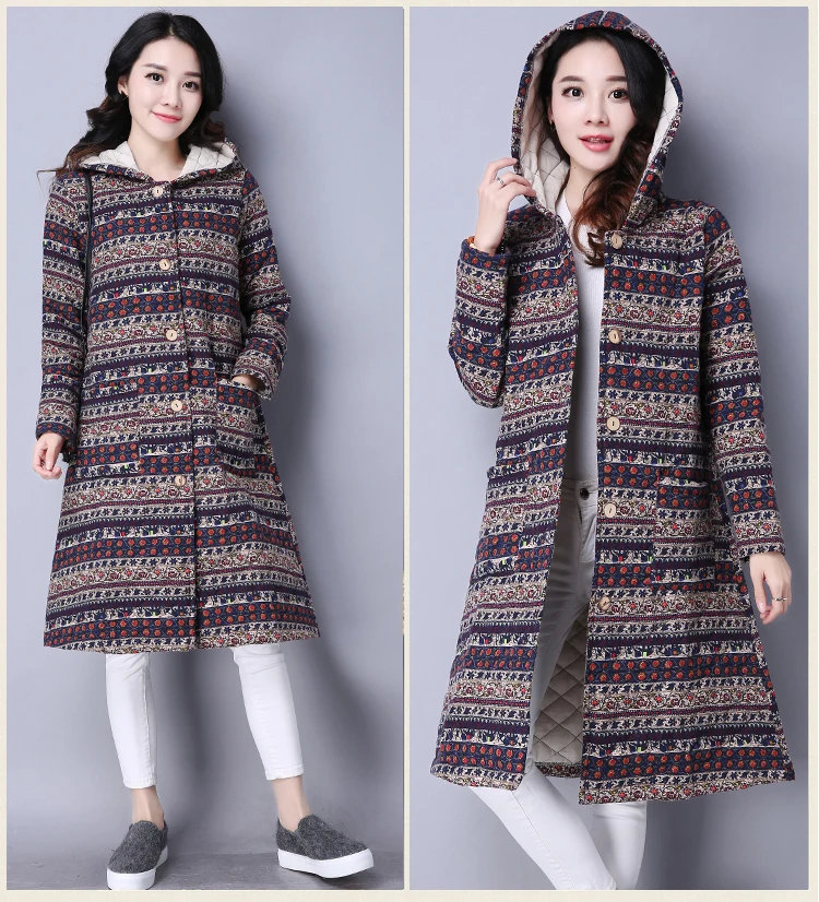 Winter Vintage Hooded Print Mid-Long Cardigan Retro Warm Long Sleeve Coat Oversized Plus Size Hoodies Thicken Cotton Jacket |