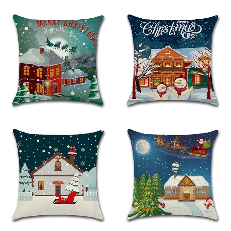 Новогодний чехол для подушки Веселый Рождественский домик снежинка дерево узор