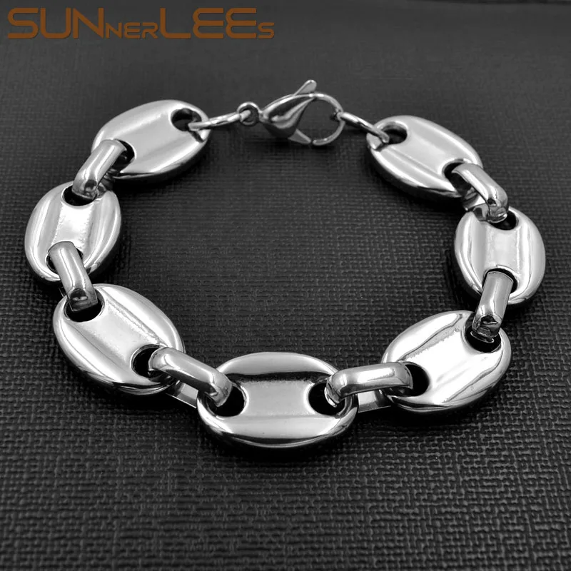 SUNNERLEES модные украшения 316L браслет из нержавеющей стали 15 мм огромный кофе в зернах звено цепи серебро для мужчин женщин подарок SC13 B