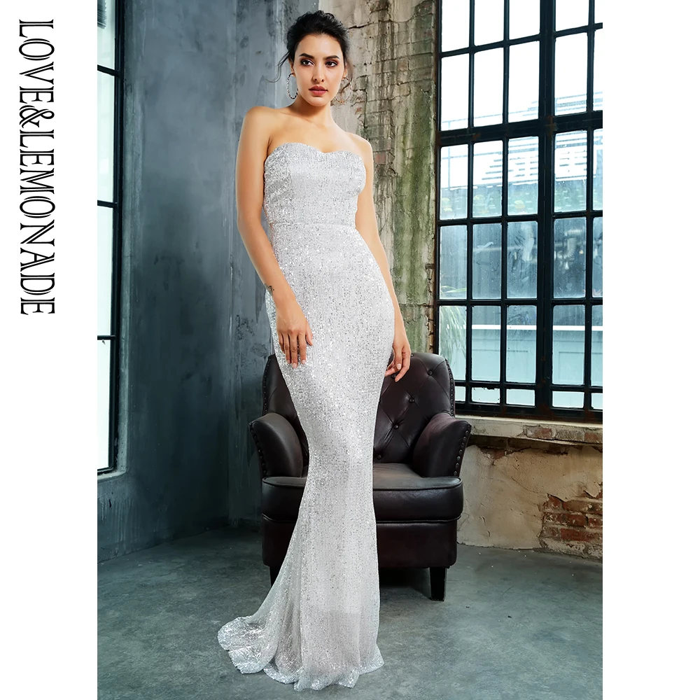 Женское длинное платье LOVE &amp LEMONADE серебристое облегающее эластичное с блестками