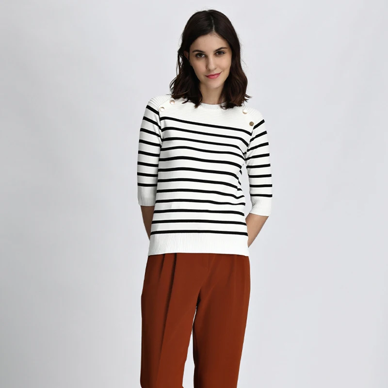 Women striped Pullover Sweater 2019 Spring Autumn Half Sleeve Pullovers Button Decorate Striped Knitted Sweaters Female Topss | Женская