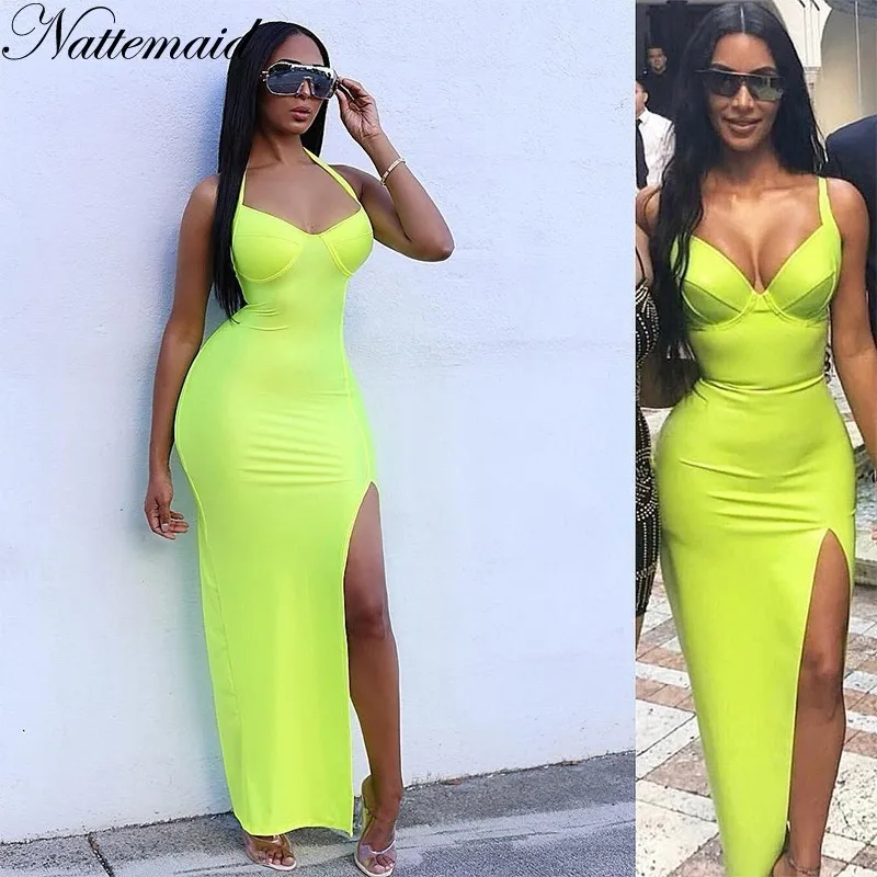 NATTEMAID зима Холтер с открытыми плечами Бандажное платье Элегантное Vestido Сплит Длинные вечерние облегающее Макси платье сексуальные женские платья