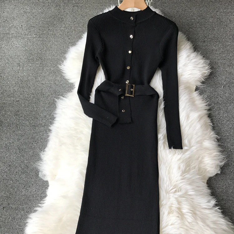 ALPHALMODA элегантные офисные платья вязаное платье Однобортный высокого пояса