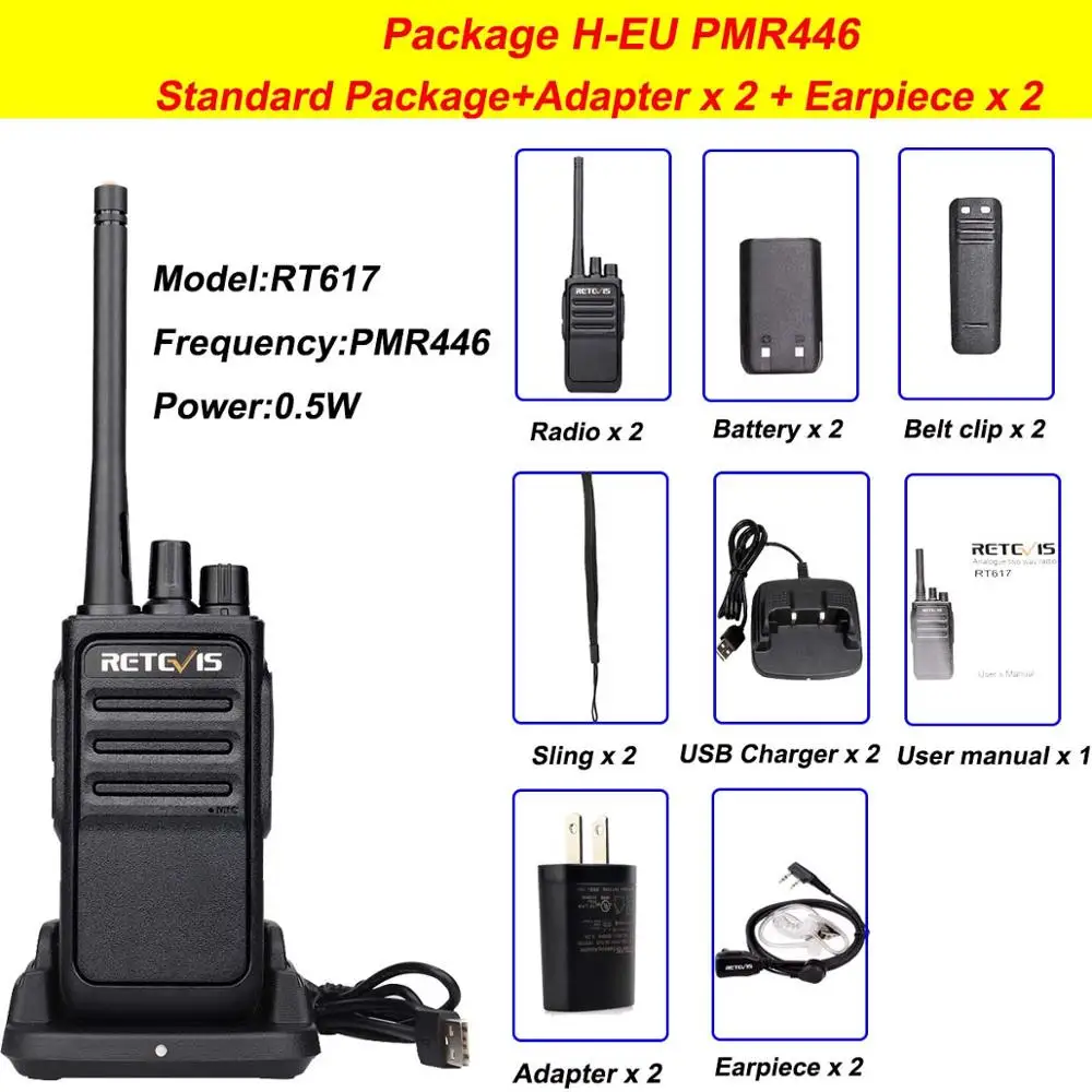 2 шт. Retevis RT617 рация радиостанция PMR446 FRS 16 каналов CTCSS/DCS TOT VOX сканирование двухстороннее радио портативный - Цвет: PKG H-EU-Adpt-earpie