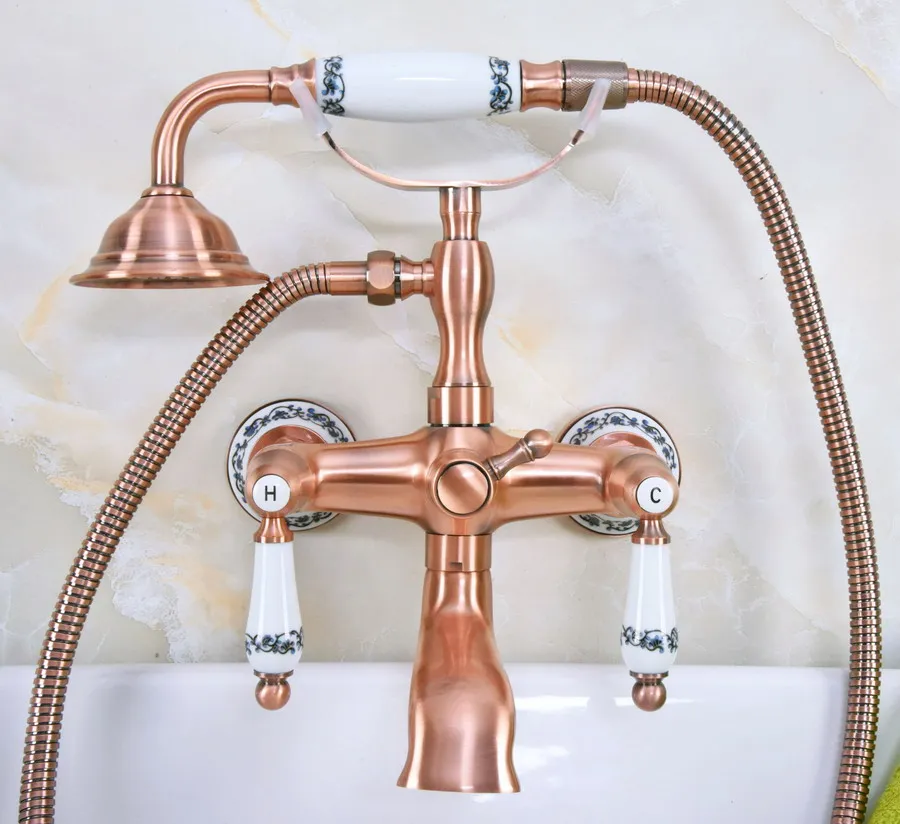 

Antique Red Copper Brass Dual Ceramic Handles Wall Mounted ClawFoot Bath Tub Faucet Mixer Tap With Hand Shower Spray mna330
