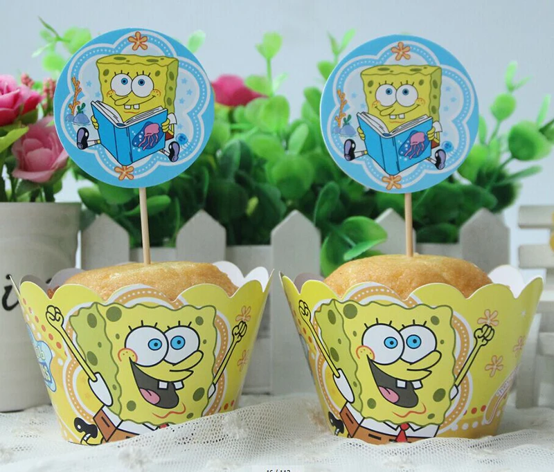 24 шт./компл. Губка Боб бумажные обертки для кексов и стразов Baby Shower украшения для детей День рождения Cakecup выбирает топперы