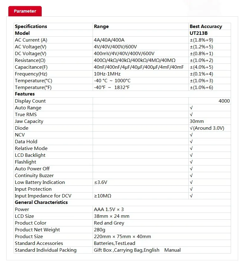 UNI-T 400A клещи UT213 серии TRMS AC DC Ток Напряжение сопротивление емкость температура тестер НТС фонарик Функция