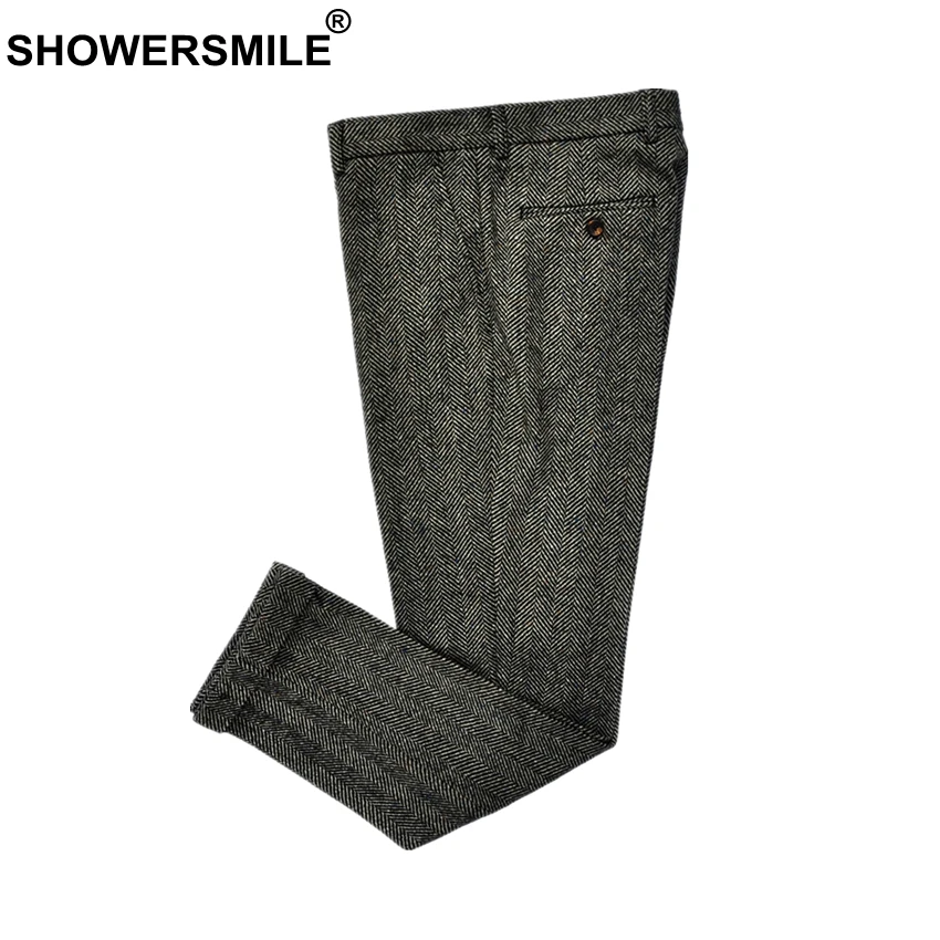 SHOWERSMILE серые шерстяные брюки с узором в елочку, мужские брюки, теплые толстые осенние зимние шерстяные твидовые классические ретро брюки, английский стиль