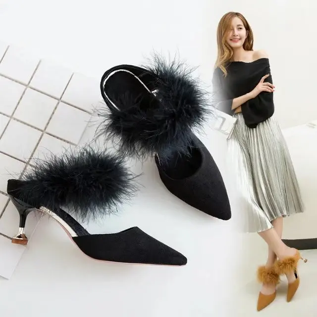 Высококачественные модные женские туфли лодочки с перьями страуса шлепанцы на