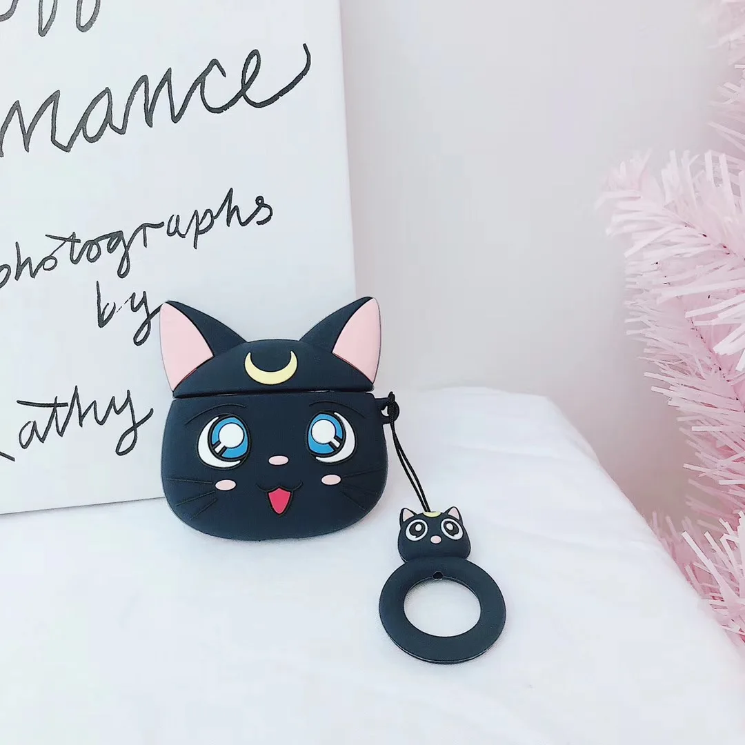 Силиконовый чехол Luna Cat Sailor Moon для Airpods Air Pods, защитный чехол, защита от потери, аксессуары Fundas - Цвет: Черный