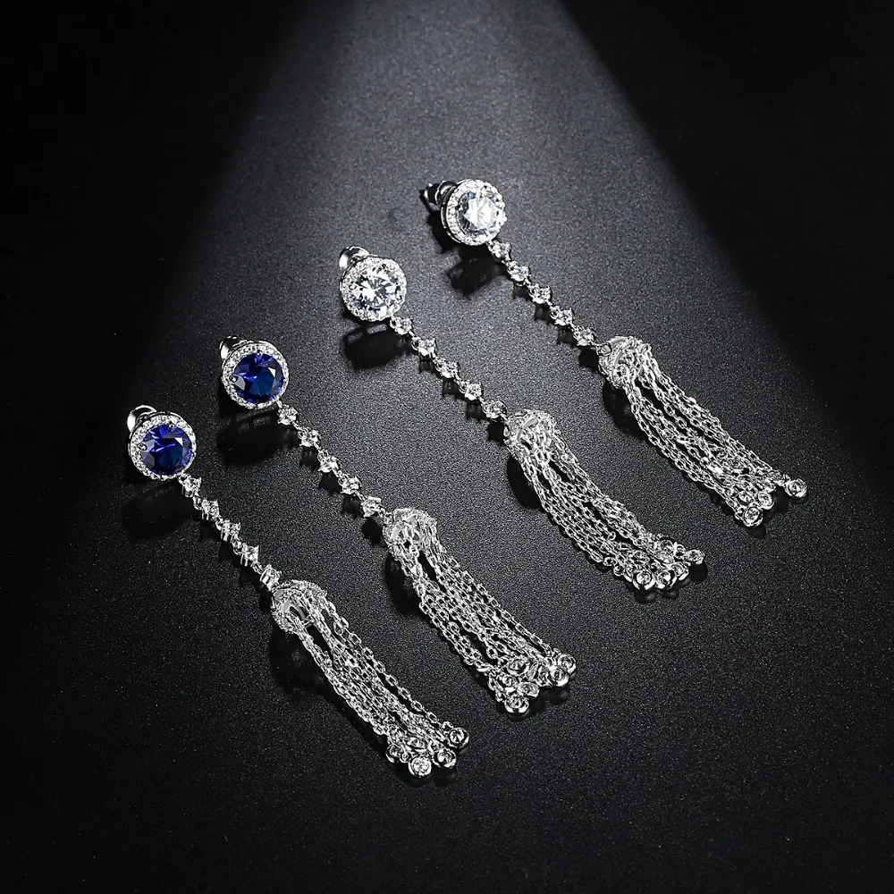 LUOTEEMI Long CZ Chain Tassel Drop Earrings For Women Blue Color Big Large Brinco Statement Bohemian Party Jewelry Colgantes|earrings for|earrings