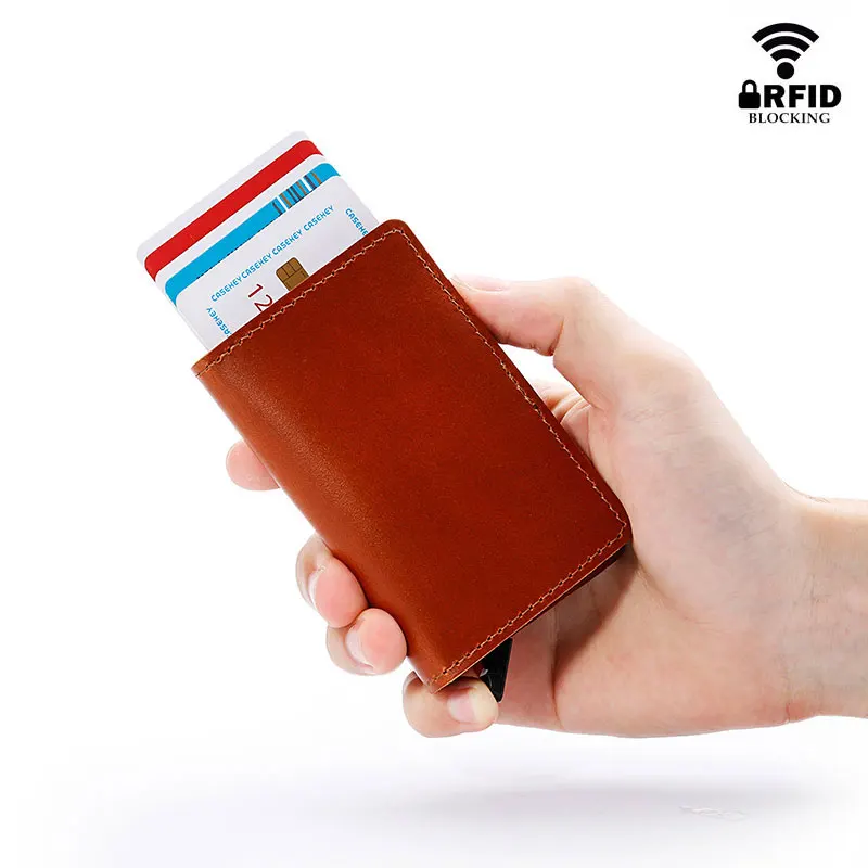 seekrid rfid 100 genuine leather smart wallet aluminum credit card holder metal business id cardholder slim mini case wallets free global shipping