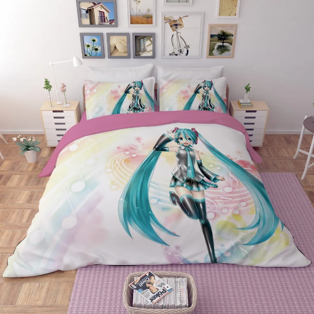Стильный дизайн короткая футболка с героями из японского аниме «Hatsune Miku постельное бельё без 3/4 вещи в комплекте, детская одежда для дома с изображениями героев мультфильма текстильная королева Королевское постельное белье