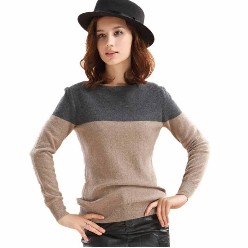 YSC Classic style ladies knitted cashmere wool sweaters Grey and camel stitching Long sleeve Keep warm Pullovers Size S-XXXL | Женская