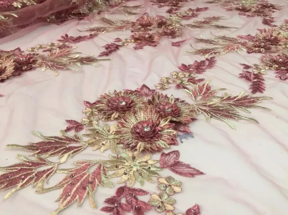 SS10-4 French design royal fine bride heavy applique embroidery on swiss voile lace quality big stones trim gauze fabric in pink | Дом и сад