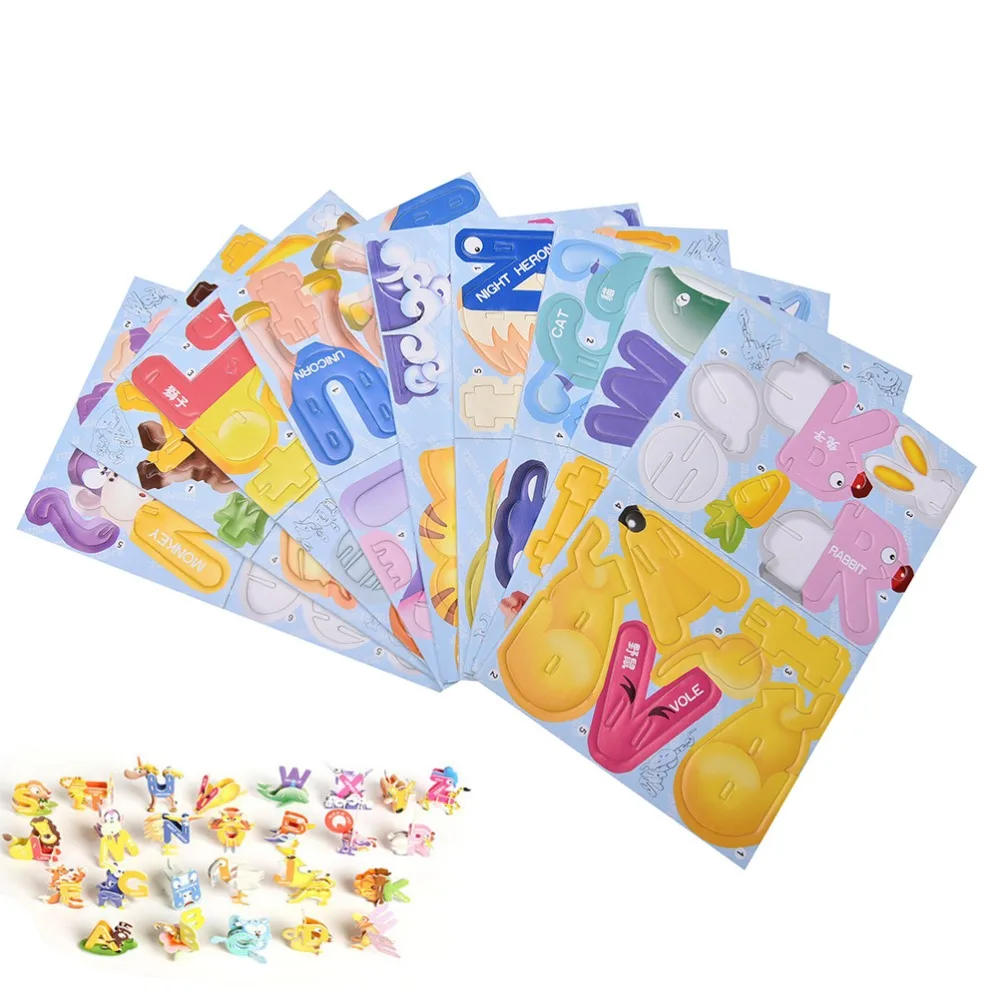 

26Pcs 3D DIY 26 Letters Aminal Design Puzzles Early Educational Learning ABC Baby Toys Paper Puzzle 19cm * 14cm For Children