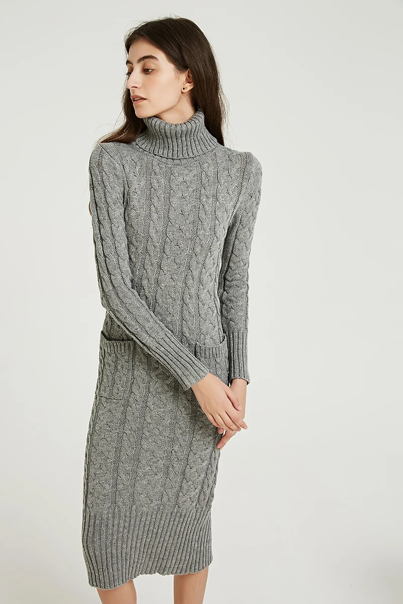 Wixra Knitted Dress Autumn Winter Solid Turtleneck Mid-Calf Pockets Sweater Dresses Women's Clothing