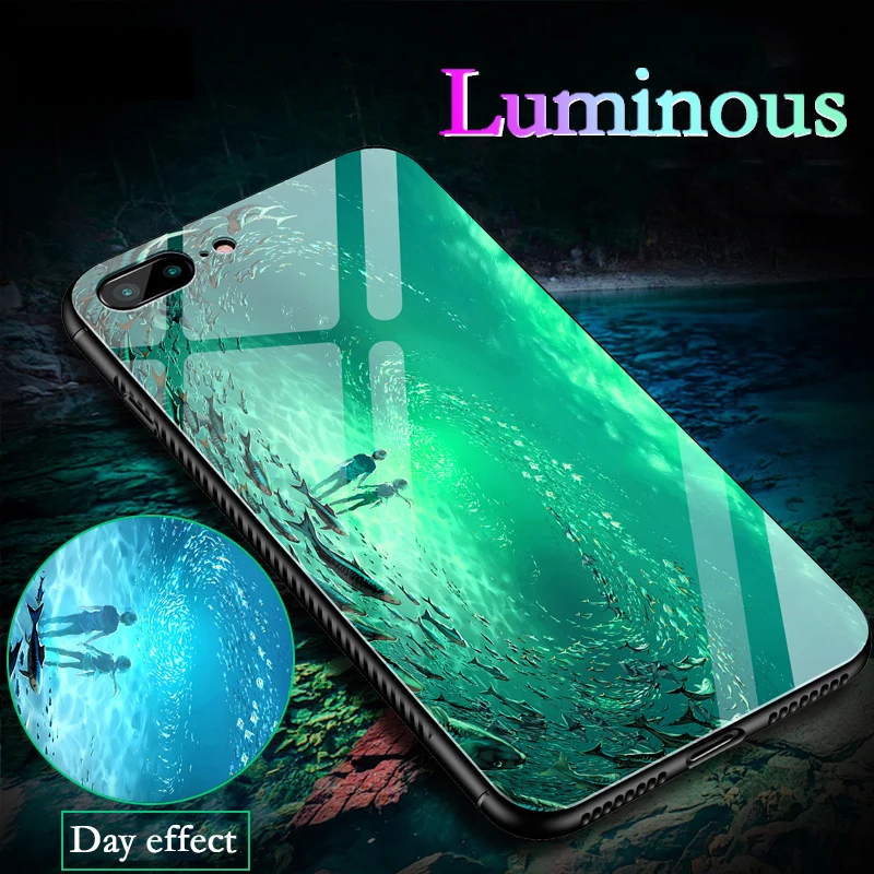 Luminous Case for iPhone X 7 Plus 8 6s Cover Night Light Painting For Apple 6 Tempered Glass TPU Edge Shell |
