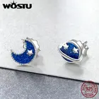 Женские сережки-гвоздики WOSTU из настоящего серебра 925 пробы с блестящей Луной и планетой, ювелирные украшения для вечеринок, серебряные сережки FME151