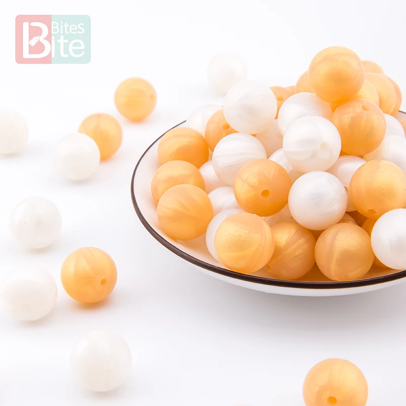 Bite Bites 50pc 15mm Baby Silicone Beads Teether Food Grade Perle Silicone Gold Rodent Teething Holder Pacifier Chain Nurse Gift