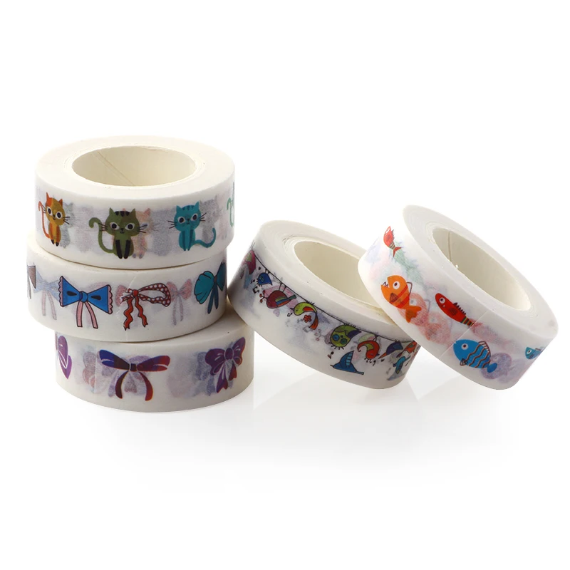 AAGU 1PC 15mm*10m Cute Bowknot Bird Fish Pattern Adhesive Washi Tape Decorative Planner Scrapbooking Photo Paper Masking | Канцтовары