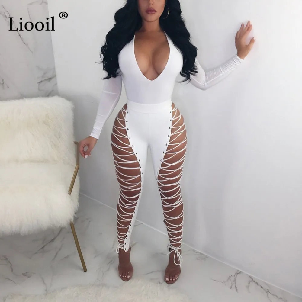 Liooil, сексуальные, Клубные, черные, белые, с высокой талией, на шнуровке, кожаные, длинные штаны, для женщин, выдалбливают, на шнуровке, на молнии, женские, вечерние, брюки