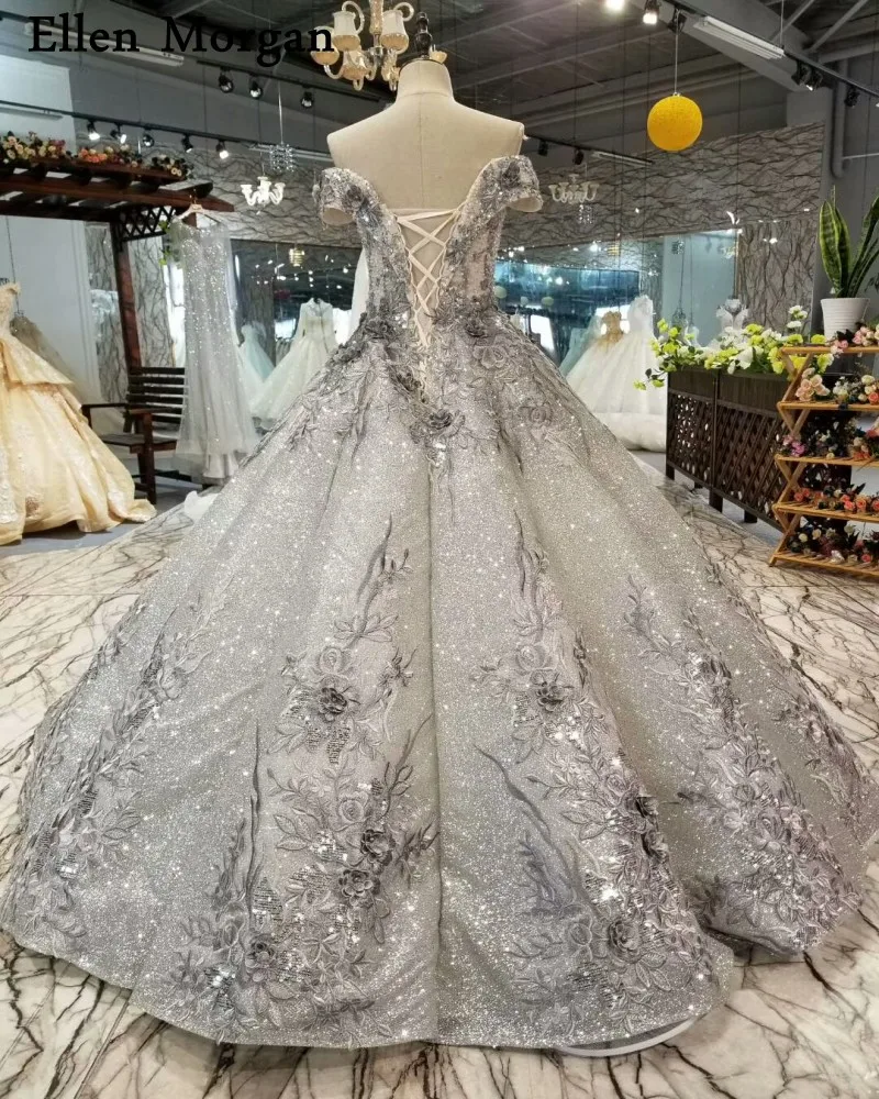 Grey Sexy Ball Gowns Wedding Dresses 2019 for Women Lace up Beaded 3D Flowers Glitter Fabric Sequined off Shoulder Bridal | Свадьбы и