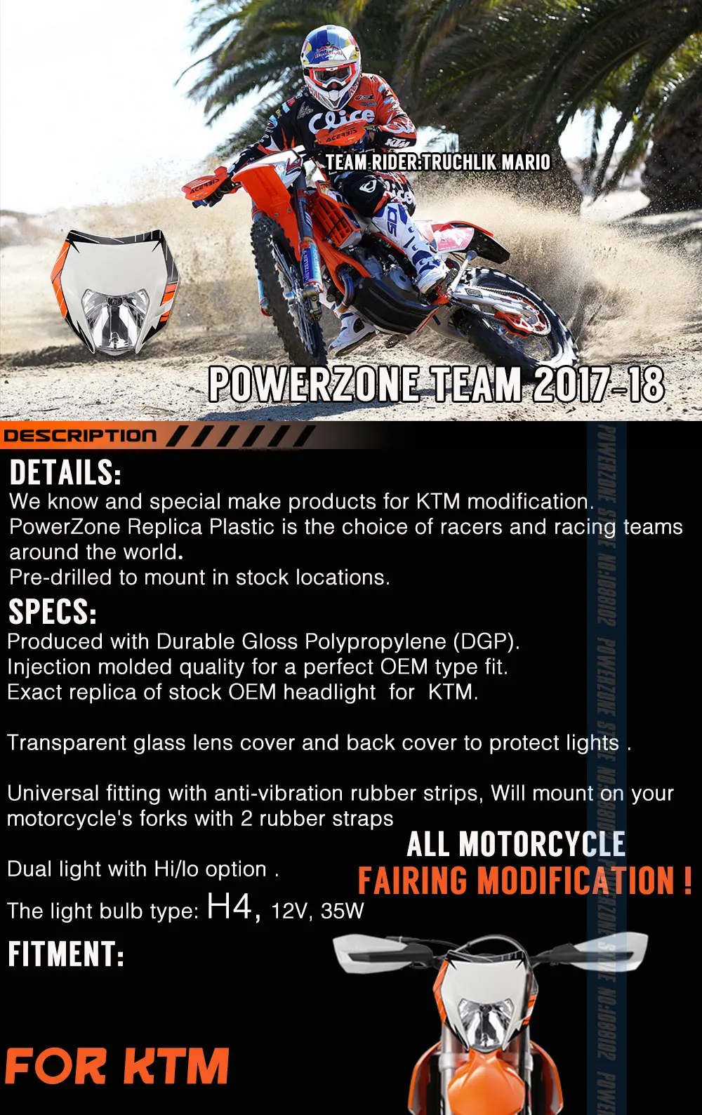 Powerzone Мотоцикл Байк Мотокросс Супермото, универсальный налобный фонарь для KTM EXC XCW EXCF SX SXF 125 250 300 450 500