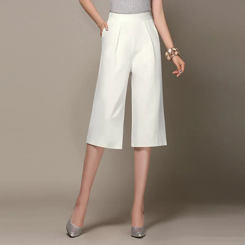 

Woman Spring Plus Size High Solid Loose Wide Leg Calf-length Pants Female Thin Summer Stretch Loose Trousers Lady Fold Capris