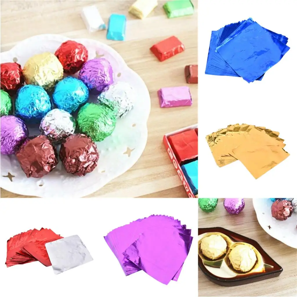 100pcs 8x8cm DIY Food Aluminum Foils Paper Chocolate Candy Packaging 4 Colors Party Birthday Wrapper Foil Paper Sticker