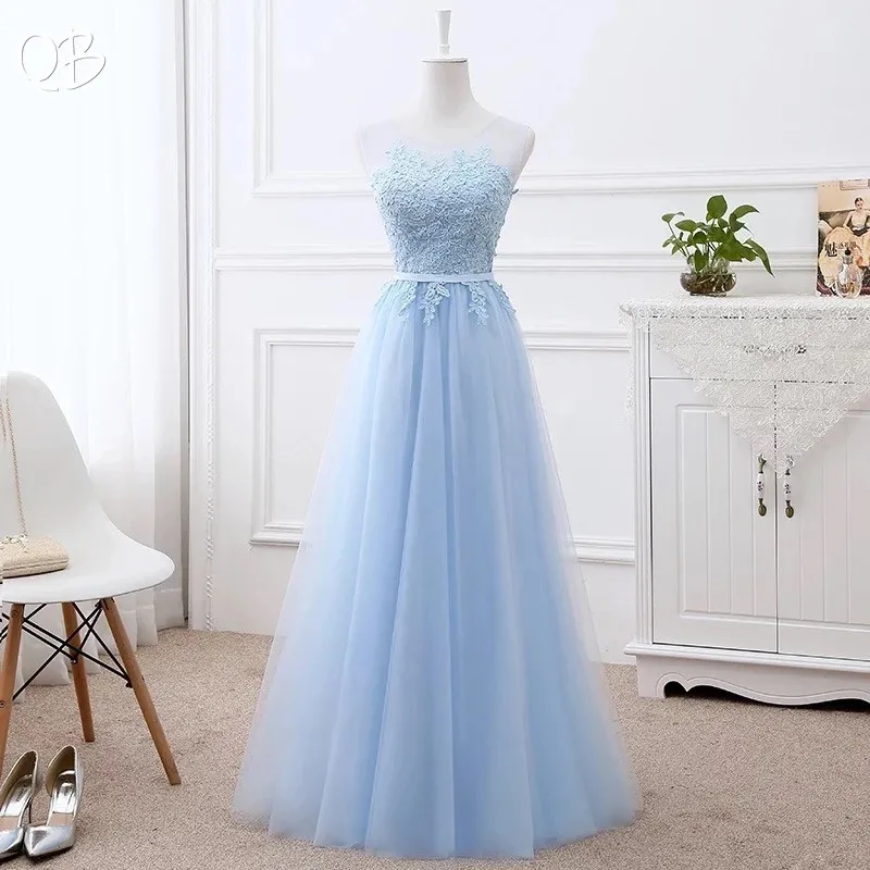Light Blue Тюлевое кружевное вечернее платье трапециевидной формы, новинка, длинное официальное элегантное вечернее платье, красное, зеленое, синее EN01 - Цвет: Light Blue