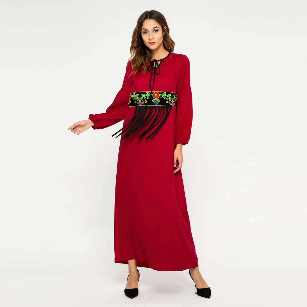 Для женщин элегантные мусульманские кафтан платье красного цвета с бахромой