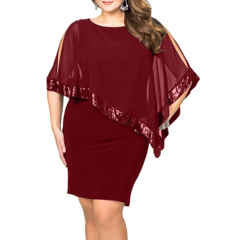 Сексуальная блестками наложения Capelet Dress 2019 О образным вырезом с коротким рукавом