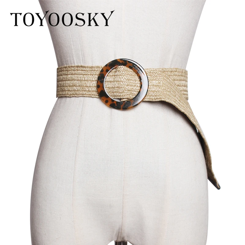 

TOYOOSKY Ethnic Women Belt Woven Wide Belt for Lady Dress Overcoat with Resin Round Pin Belt High Quality Belt for Female 2019