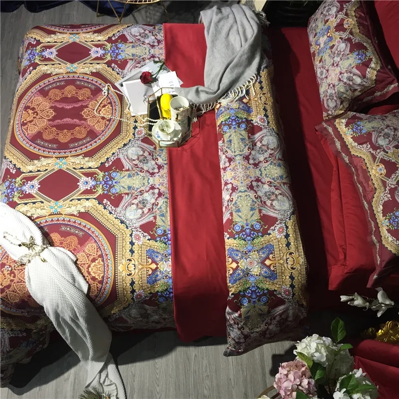100S Египетский хлопок роскошный винный красный Богемия стиль Цифровая печать