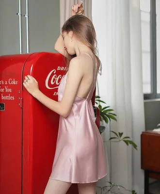 pink Сексуальная мусс вечерняя одежда женские ночные рубашки с открытой спиной атласное кружевное Ночное платье размера плюс шелковая сексуальная юбка на бретельках Удобная новая красная - Цвет: pink