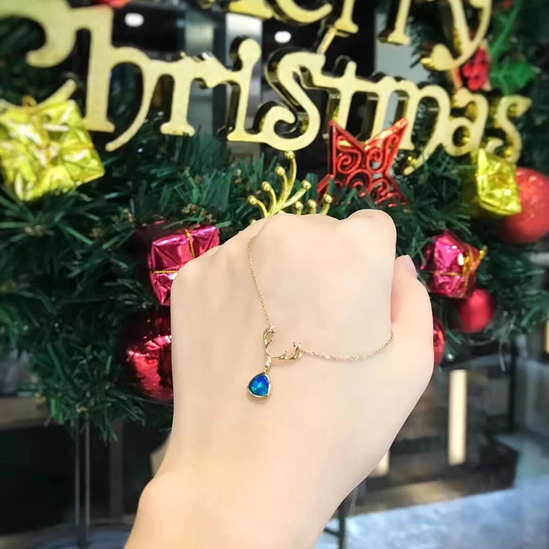 Aazuo 18 K желтое золото ожерелье с опалом Lovly Deer Natual синий Опаловый кулон для женщин помолвка Свадебная гирлянда Цепочка Рождественский подарок