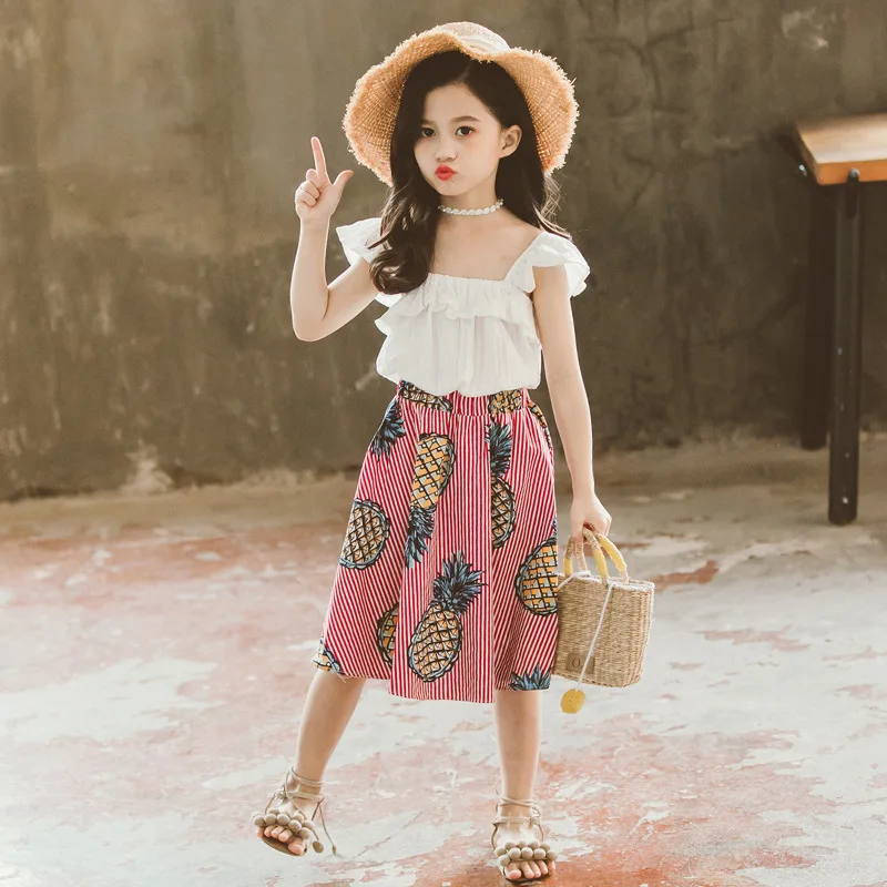 2019 Girls Summer Clothes Ruffle T-shirt Tops+Pineapple skirt 2 PCS Suit Kids Clothing 4 6 8 10 Years Princess Costume Set | Мать и