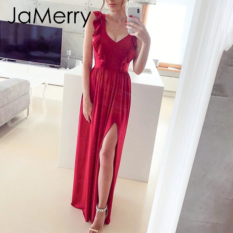 JaMerry 2019 красное Сексуальное Красное Длинное Макси платье для женщин с оборками