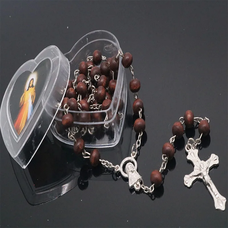 5 Classic 6mm scented wooden beads, rosary necklace in a heart-shaped box. Random photo - Окраска металла: 5
