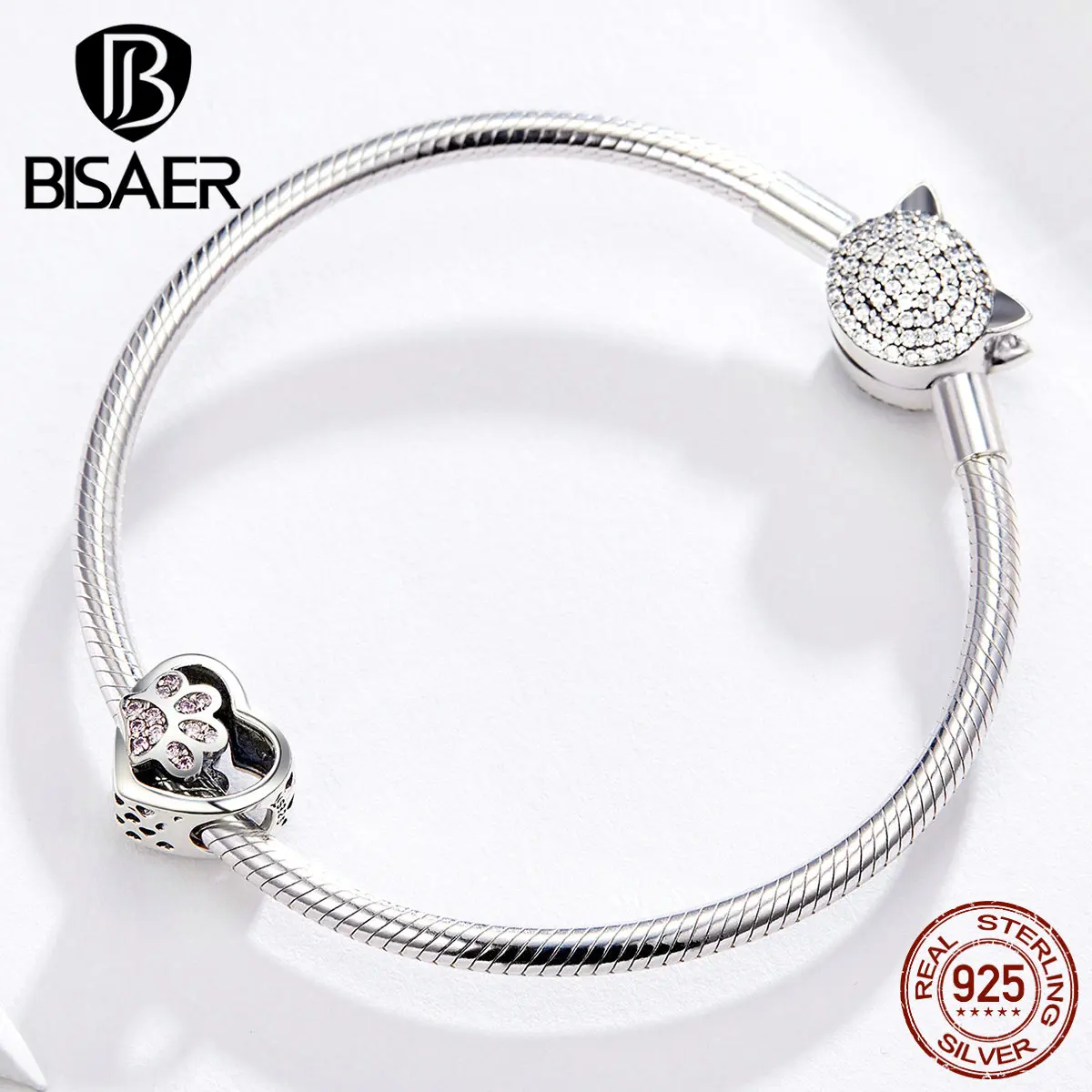 BISAER, бусины в виде животных, любовь, 925 пробы, серебро, собака, кошка, следы, талисманы, подходят для розовых цирконовых браслетов, сделай сам, изготовление ювелирных изделий ECC1191
