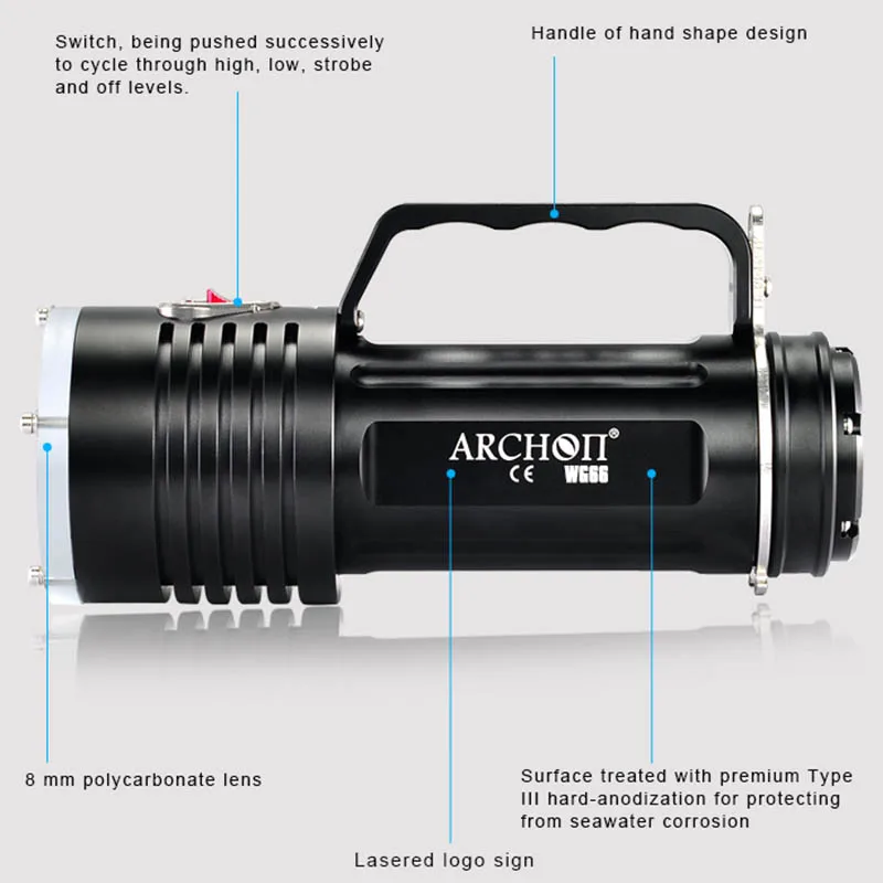 Карманный фонарик для дайвинга ARCHON DG60 WG66 6* L2 U2 Светодиодный прожектор Водонепроницаемый Подводный факел Перезаряжаемые литий-ионными типами Батарея пакет