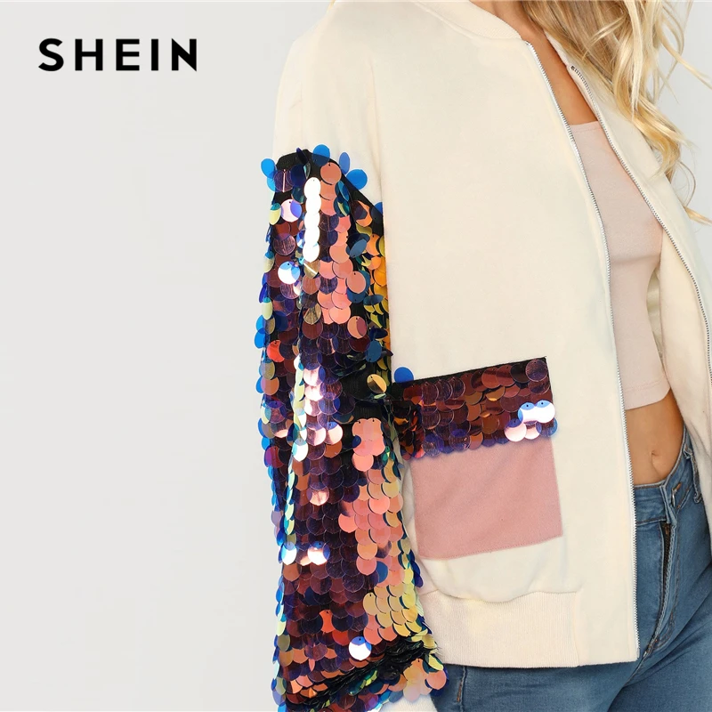 SHEIN Куртка С Контрастными Рукавами В Стиле Диско Куртка С Пайетками На Молнии