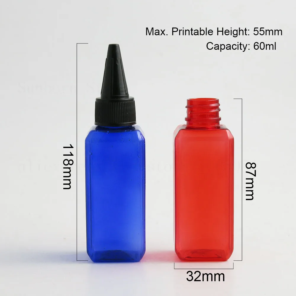30pcs 60ml Square Amber Clear Pink White Blue Green PET Plastic Bottle With Pointed Mouth Cap 2 oz e Liquid Packaging Container images - 6