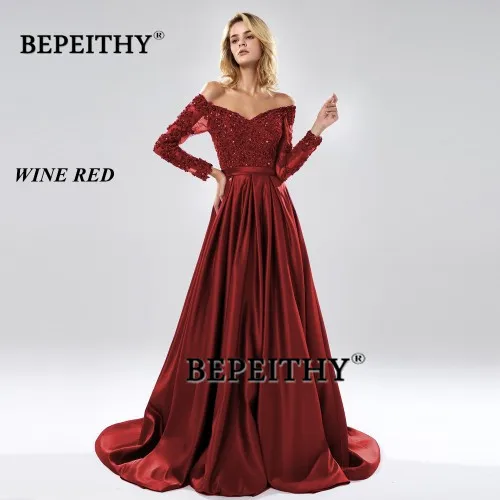 BEPEITHY Robe De Soiree с открытыми плечами длинное вечернее платье трапециевидной формы, вечерние, элегантные,, полный рукав, фиолетовый кружевной лиф, платье для выпускного вечера