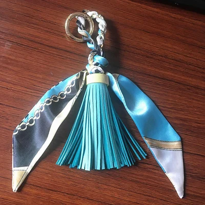 light blue Felyskep новые шелковые шарфы брелки из искусственной кожи брелок с кисточками для женщин сумка Шарм Кулон Acessory 286WA - Цвет: light blue