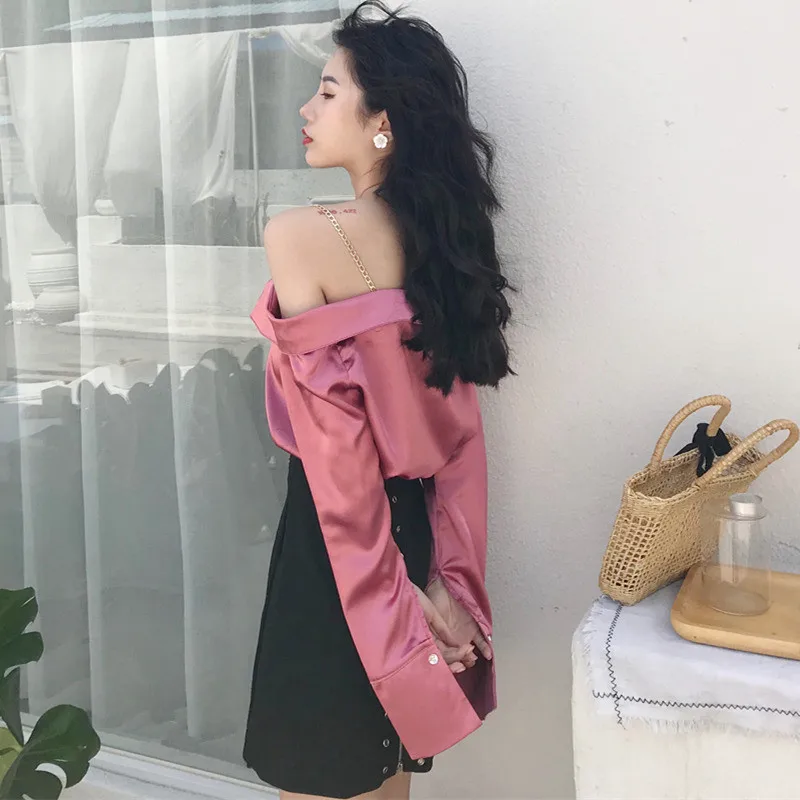 2018 Осенняя модная Уличная Сексуальная блуза с вырезом лодочкой и металлическими