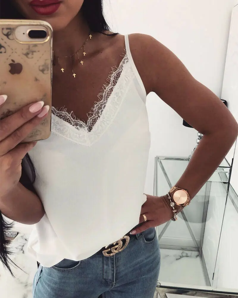 Fashion Women Summer Lace Floral V Neck Vest Top Sleeveless Blouse Casual Tank Tops Shirts Clothing Chiffon Solid Clothes | Женская