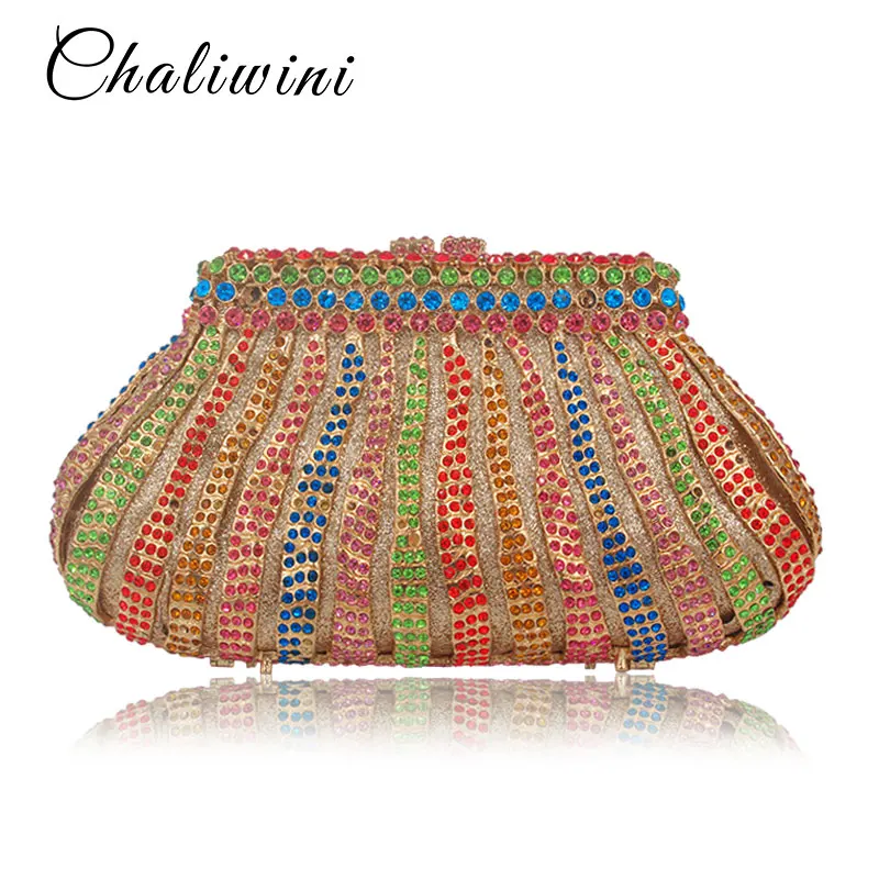 Женские вечерние клатчи Стразы в радужную полоску с кристаллами сумочки Minaudiere